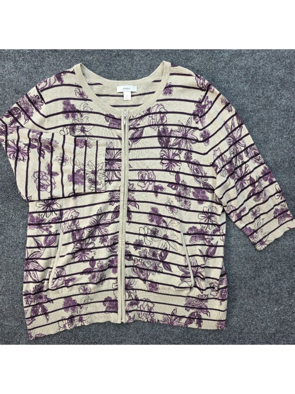 CJ Banks Floral Stripe Full Zip Cardigan 2X Cotton Purple Cottagecore Romantic